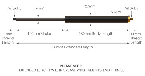 Adjustable gas strut 100 - adjustable, 14-28-100